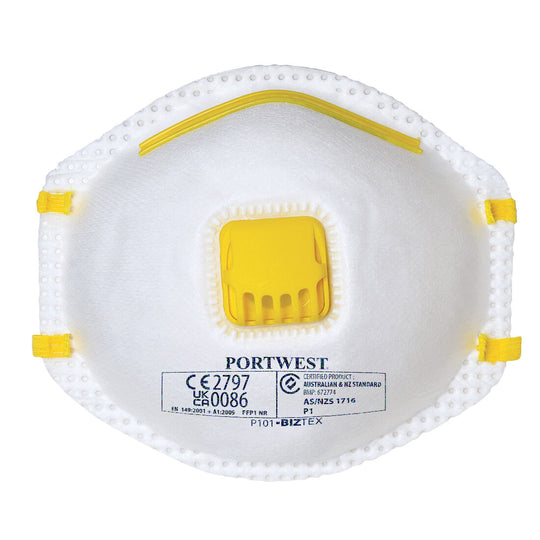 A white Portwest FFP1 disposable cup respirator (P101) with a central exhalation valve.