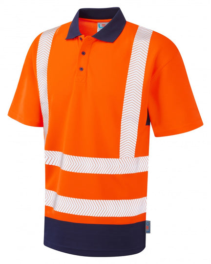 Bright orange short-sleeve polo shirt with navy blue collar and lower section, silver reflective bands, front view