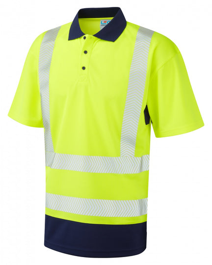 Yellow short-sleeve polo shirt featuring navy collar and bottom panel, horizontal reflective stripes, front-facing