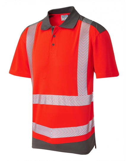 Bright red short-sleeve polo shirt with grey collar and lower panel, reflective stripes, front view