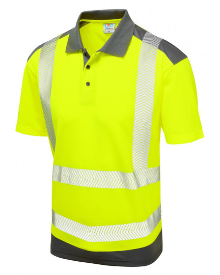 Yellow short-sleeve polo shirt featuring grey collar, grey bottom section, and reflective bands, front-facing