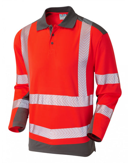Red long-sleeve polo shirt with grey collar and bottom panel, silver reflective stripes, front view