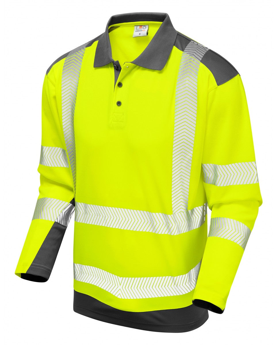 Leo Workwear Wringcliff Iso 20471 Class 2 Dual Colour Coolviz Plus Sleeved Polo Shirt - HV Yellow/Grey