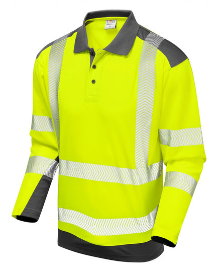 Yellow long-sleeve polo shirt featuring grey collar, grey lower section, and reflective bands, front-facing