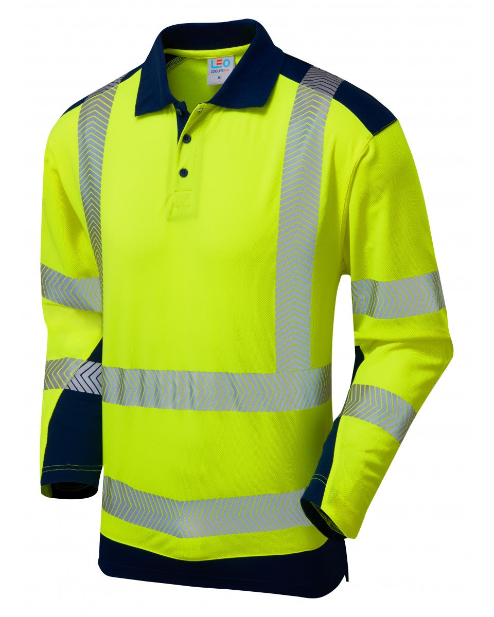 Yellow long-sleeve polo shirt with navy blue collar and bottom panel, horizontal reflective stripes, front