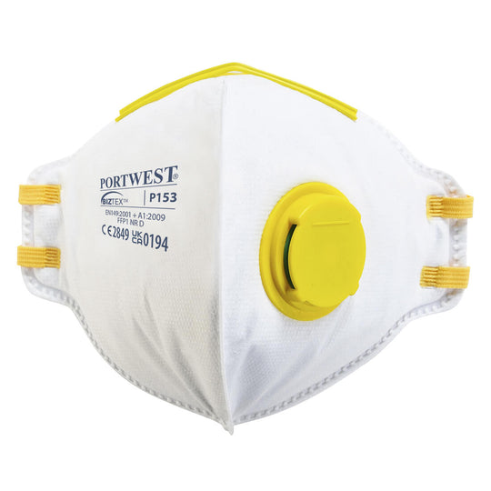 A white Portwest FFP1 fold-flat dolomite respirator (P153) with an exhalation valve.