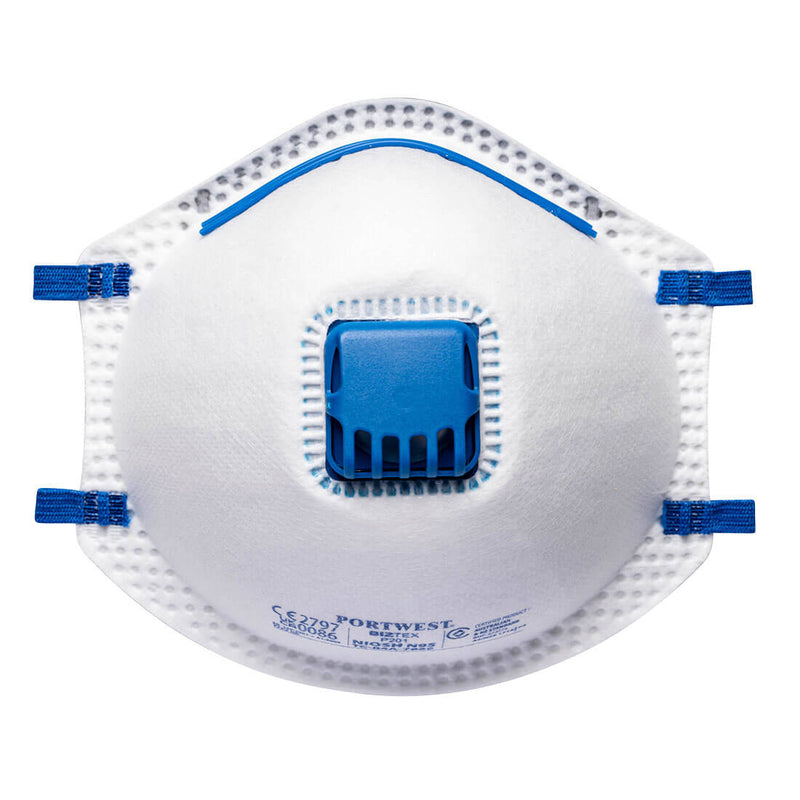 A white Portwest FFP2 cup respirator (P201) with a blue exhalation valve.