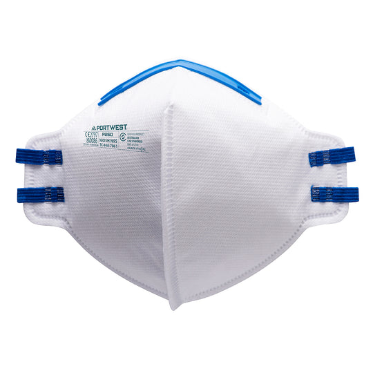 A non-valved Portwest FFP2 fold-flat respirator mask (P250) shown unfolded.