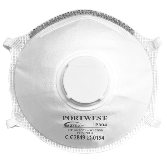 White Portwest P304 FFP3 valved dolomite light cup respirator.