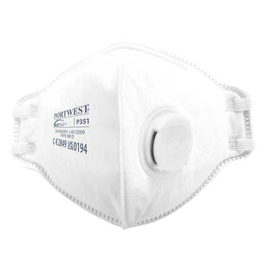 White Portwest P351 FFP3 valved dolomite fold-flat respirator mask.
