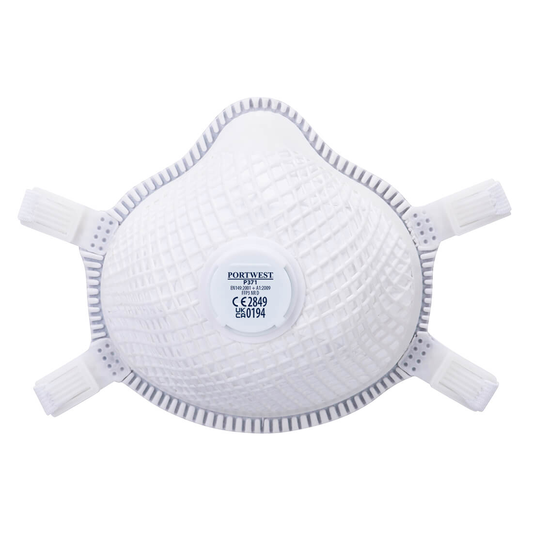 White Portwest Ergonet P371 FFP3 valved dolomite respirator with mesh shell.