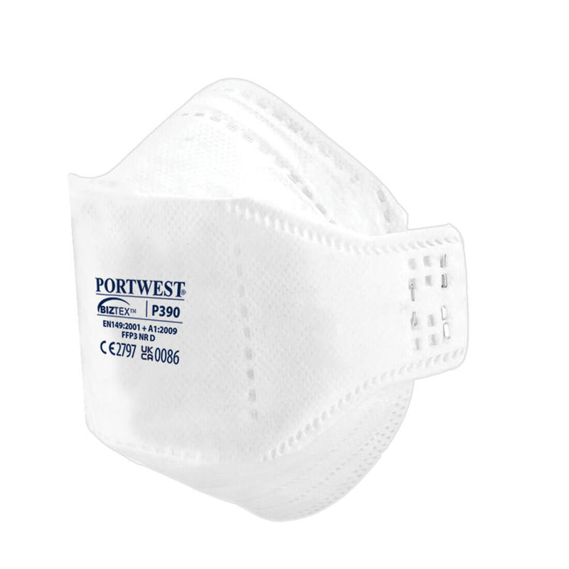 White Portwest Eagle P390 FFP3 unvalved dolomite fold-flat respirator.