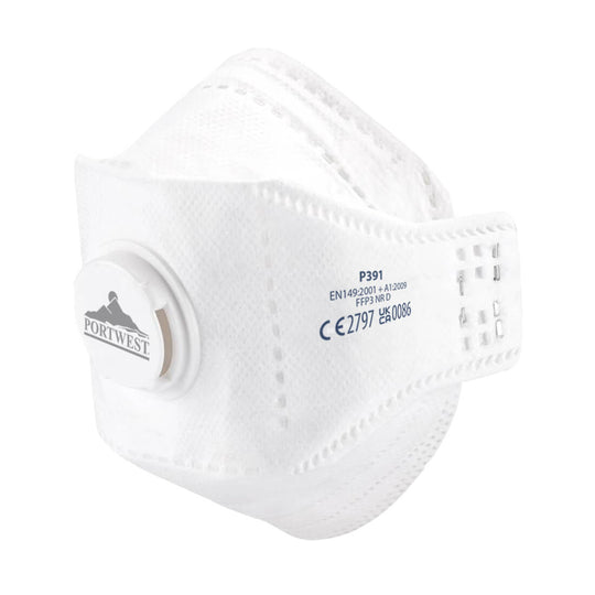 Portwest Eagle P391 FFP3 valved dolomite fold-flat respirator with foam seal.