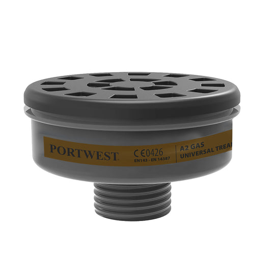 Portwest P906 A2 gas filter canister with a universal thread connection.