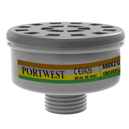 Portwest P926 ABEK2 multi-gas filter canister with a universal thread.