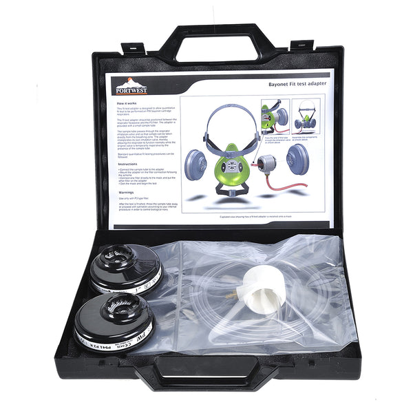 Black Portwest P999 bayonet fit test adapter for respirator masks.