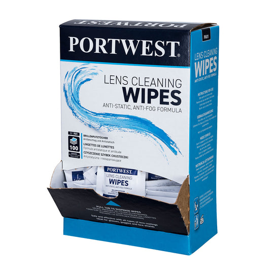 Box of Portwest PA01 lens cleaning wipes for safety eyewear.