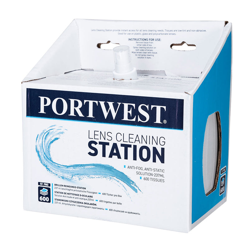 Portwest PA02 wall-mountable lens cleaning station with fluid and tissues.