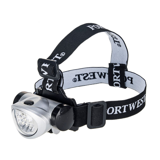 Silver Portwest PA50 clip-on LED head light for safety helmets.