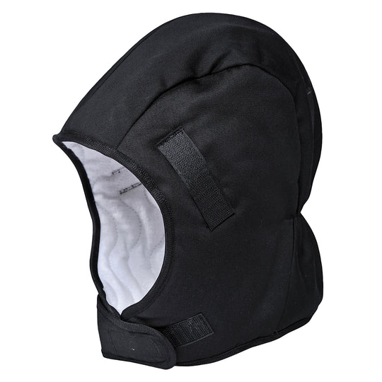 Black fleece Portwest PA58 winter liner for wearing under a safety helmet.