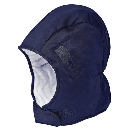 Navy fleece Portwest PA58 winter liner for wearing under a safety helmet.
