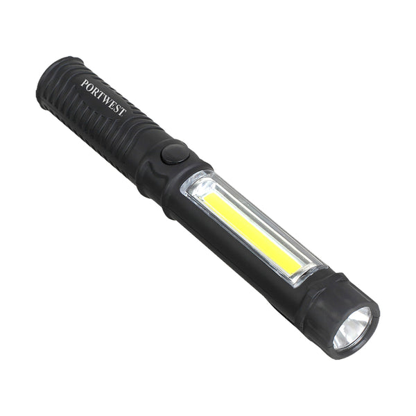 Black Portwest PA65 slimline LED inspection flashlight with pocket clip.