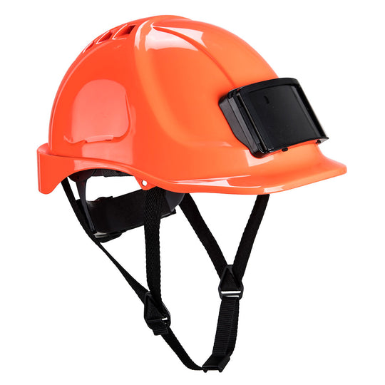 Orange Portwest Endurance PB55 safety helmet with a badge holder.