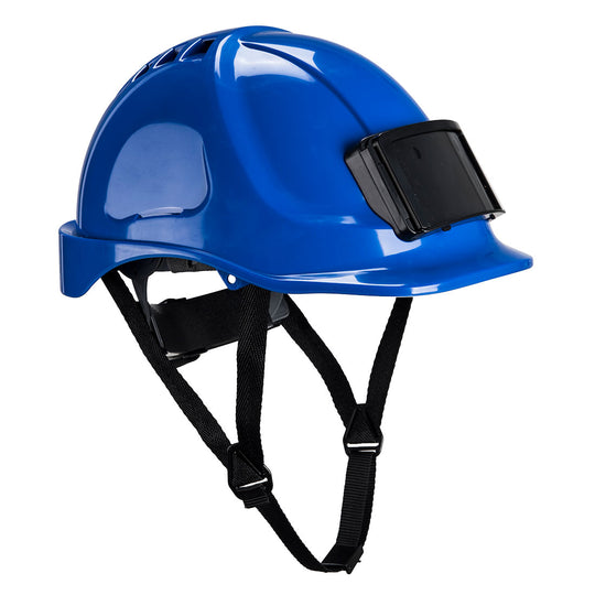 Royal blue Portwest Endurance PB55 safety helmet with a badge holder.