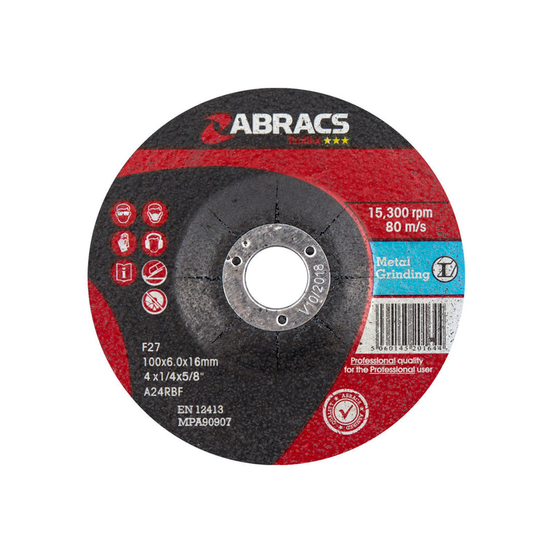 Abracs Proflex 100x6mm depressed-centre metal grinding disc for weld removal.
