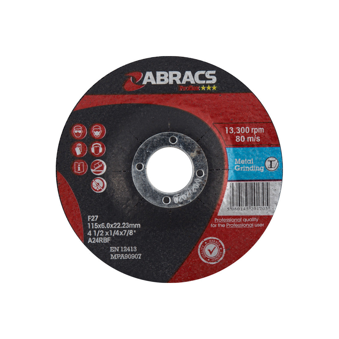 Abracs Proflex 115mm depressed-centre grinding disc for ferrous metals.