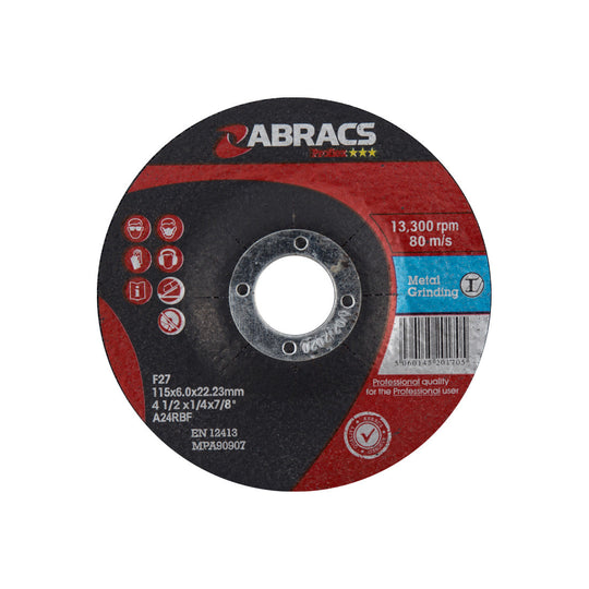 Abracs Proflex 115mm depressed-centre grinding disc for ferrous metals.