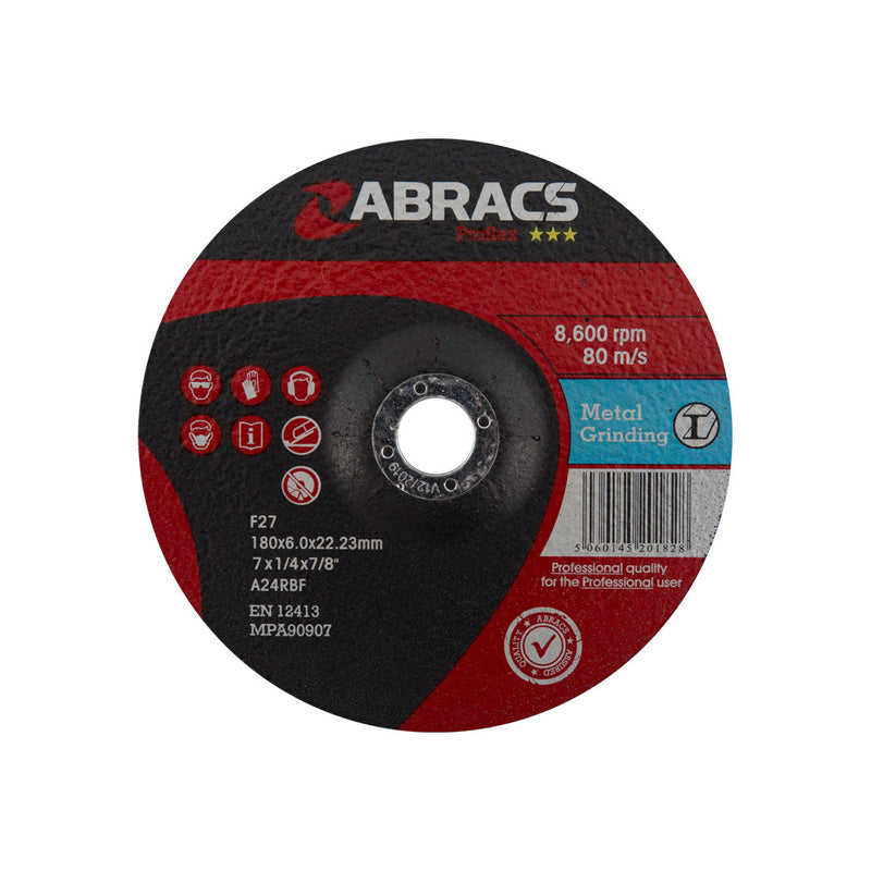 Abracs Proflex 180x6mm depressed-centre grinding disc for large metal surfaces.
