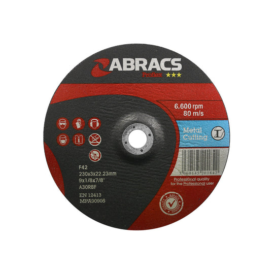 A 230mm depressed-centre Proflex metal cutting disc by Abracs for 9" grinders.