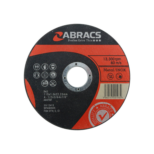 Close-up of an Abracs Proflex 115mm extra-thin inox cutting disc.