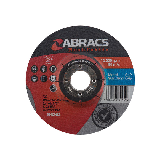 Abracs Phoenix II 125x6.5mm depressed-centre grinding disc for metalwork.