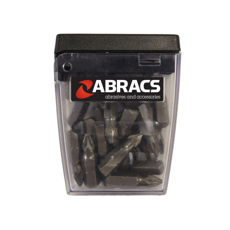 Bulk tub of Abracs 25mm PH2 screwdriver bits, shown in retail packaging.