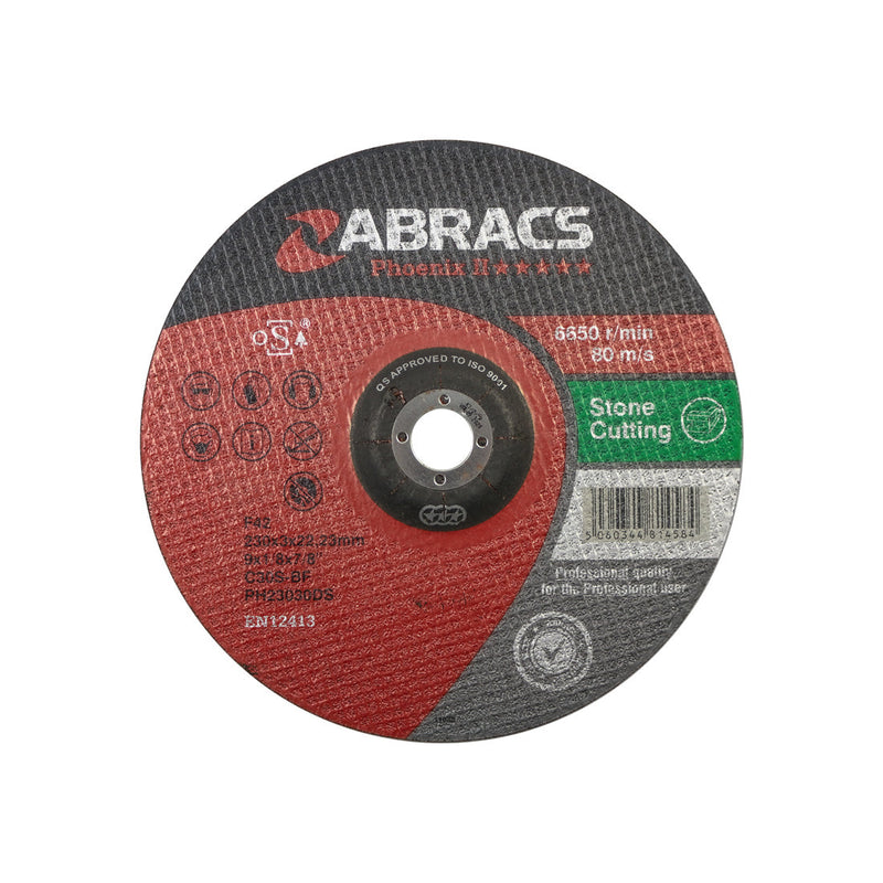 230mm Phoenix II depressed-centre cutting disc by Abracs for stone cutting.