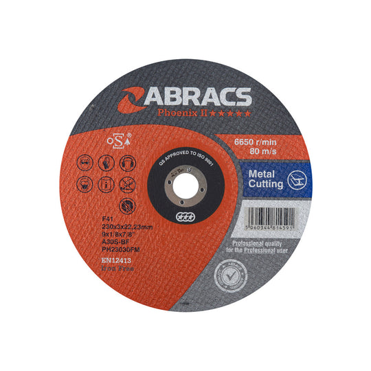Abracs Phoenix II 230mm flat metal cutting disc for 9-inch grinders.