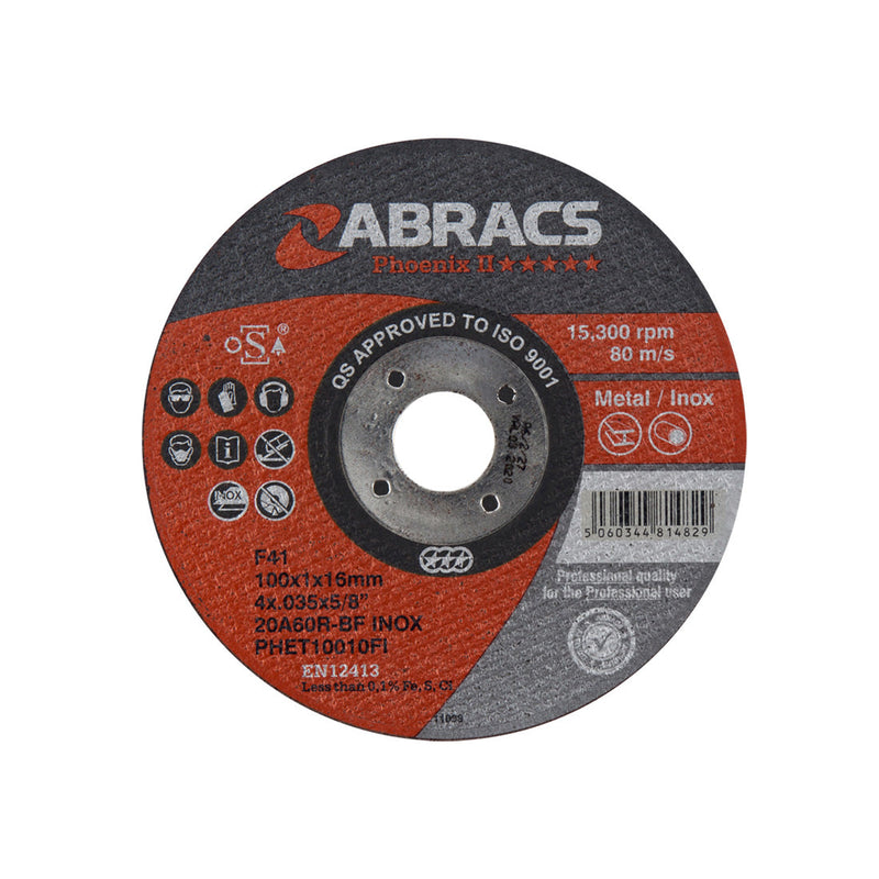Abracs Phoenix II 100mm extra-thin cutting disc for inox with a 16mm bore.