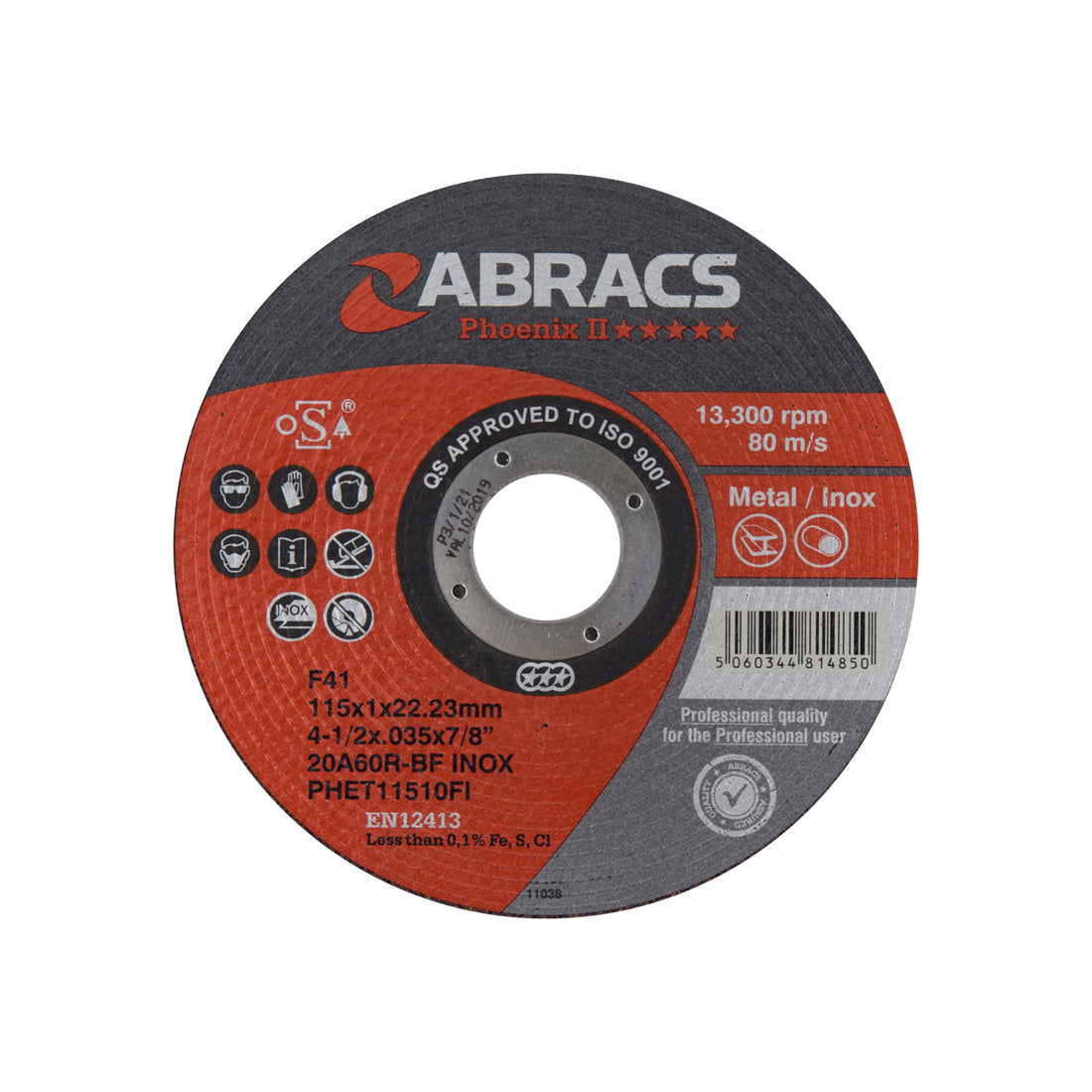Phoenix II 115mm x 1.0mm extra-thin cutting disc by Abracs for stainless steel.