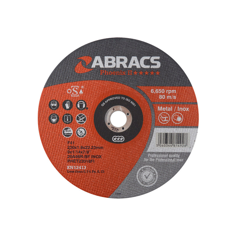 230mm x 1.8mm Phoenix II extra-thin cutting disc by Abracs for inox.