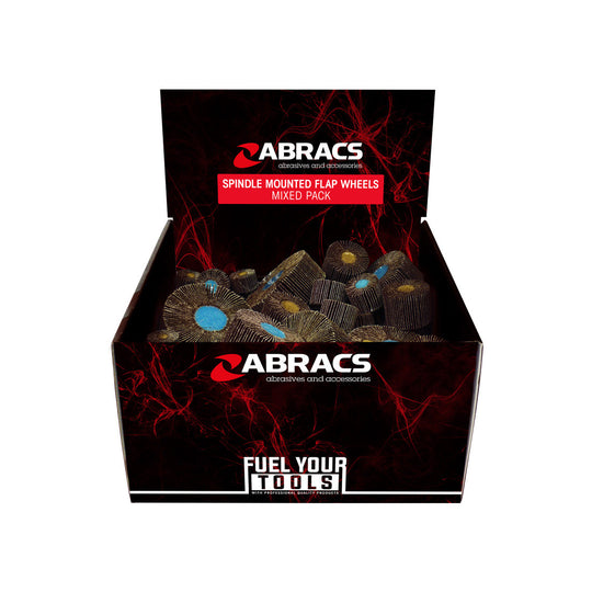 Abracs 50-piece mixed-grit spindle-mounted flap wheel assortment in a display box.