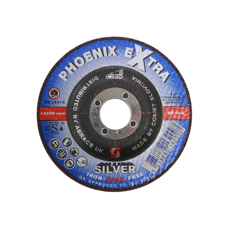 Abracs Phoenix silver 115mm depressed-centre grinding disc for inox steel.