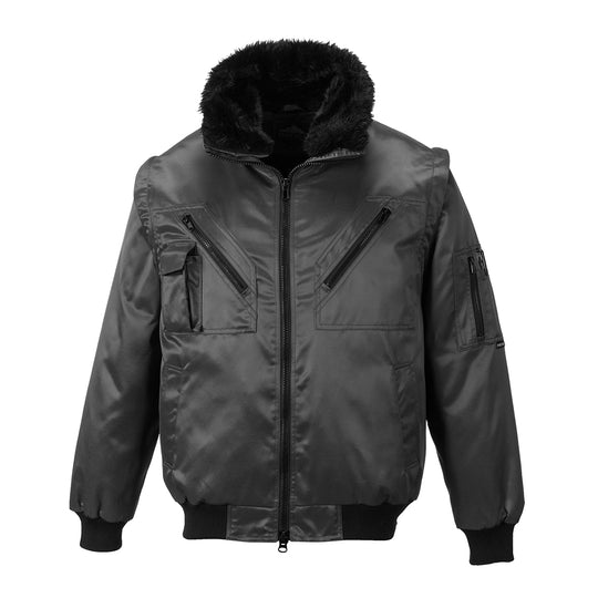 Classic black Portwest Pilot Jacket durable and insulated for harsh weather conditions.