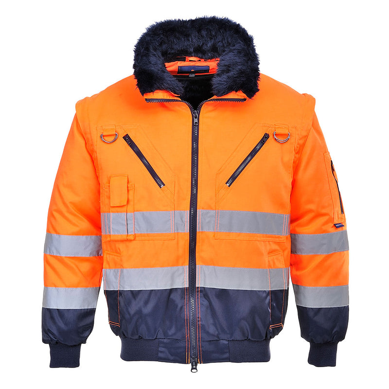 Orange high-visibility 3-in-1 contrast pilot jacket ensuring safety and adaptability.