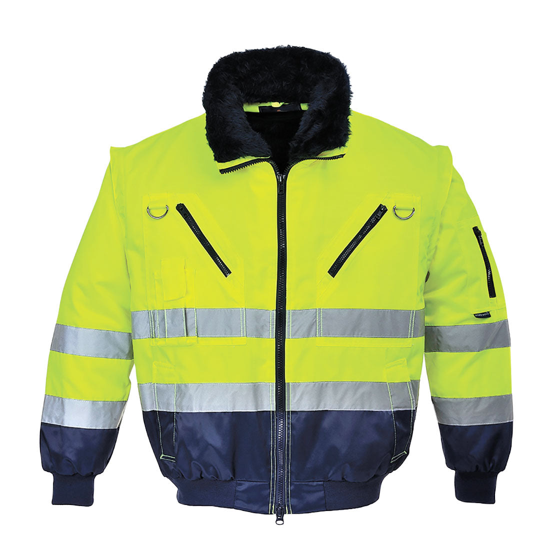 Yellow high-visibility 3-in-1 contrast pilot jacket with navy accents for multi-season use.