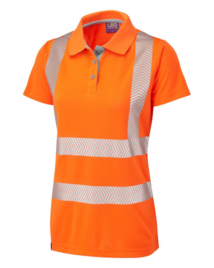 Bright orange women's short-sleeve polo shirt with grey collar and reflective stripes, front view