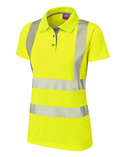 Yellow women's short-sleeve polo shirt featuring grey collar and horizontal reflective bands, front-facing
