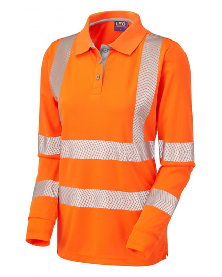 Bright orange women’s long-sleeve polo shirt featuring grey collar and horizontal reflective stripes, front-facing