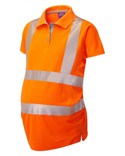 Bright orange maternity polo shirt with grey collar, short sleeves, and reflective stripes, front view